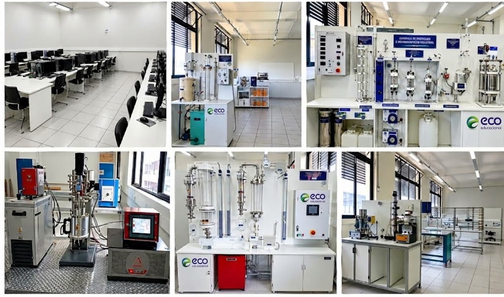 Laboratórios de Engenharia Química da UFLA com bancadas didáticas da ECO Educacional, sala de simulação computacional e equipamentos de processos