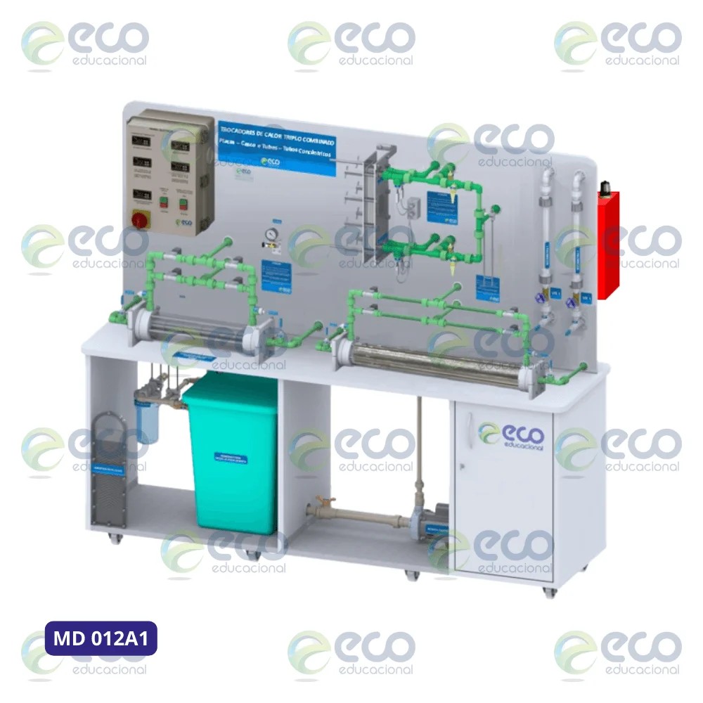 Bancada de trocadores de calor da ECO Educacional nas configurações a placas, casco e tubos e tubos concêntricos, com aquecimento elétrico e painel de controle — equipamento didático de Engenharia de Alimentos