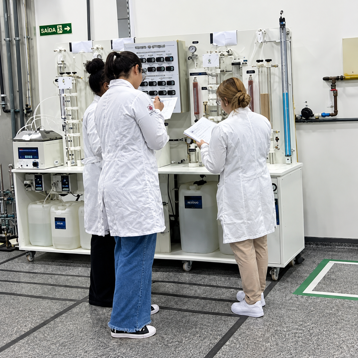 Alunas de Engenharia Química da PUCPR operam bancada ECO Educacional com painel elétrico de comando