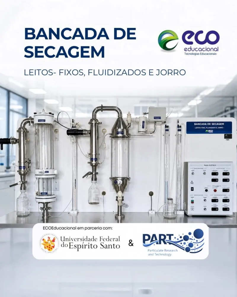 Bancada de Secagem com leito fixo, fluidizado e de jorro da ECO Educacional, desenvolvida em parceria com a UFES e o grupo de pesquisa PART
